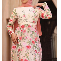 Robe longue maxi décontractée de luxe en mousseline brodée florale pour femme musulmane, avec ceinture à nouer, col rond, printemps-été