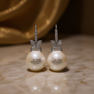 Jas. Orecchini Pendenti con Perle Coltivate Smiti in Oro Bianco 18K, Taglio Rotondo AAA, Montatura a Fiore, Classici da Sposa per Donna - Product Image 2