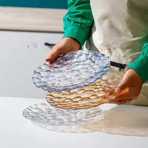 צלחת זכוכית סלט פירות בעבודת יד עגולה שטוחה צבעונית