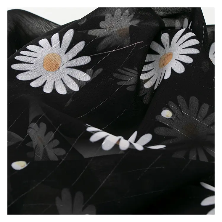 Benutzer definierte Großhandel Polyester Gänseblümchen Blumen Chiffon Stoff Druck Schwarz HN008 Splitter Seide Chiffon Stoff für Hemd