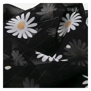 Custom Wholesale Polyester Daisy Floral Chiffon Fabric Print Black HN008 Sliver Silk Chiffon Fabric for Dress Shirt