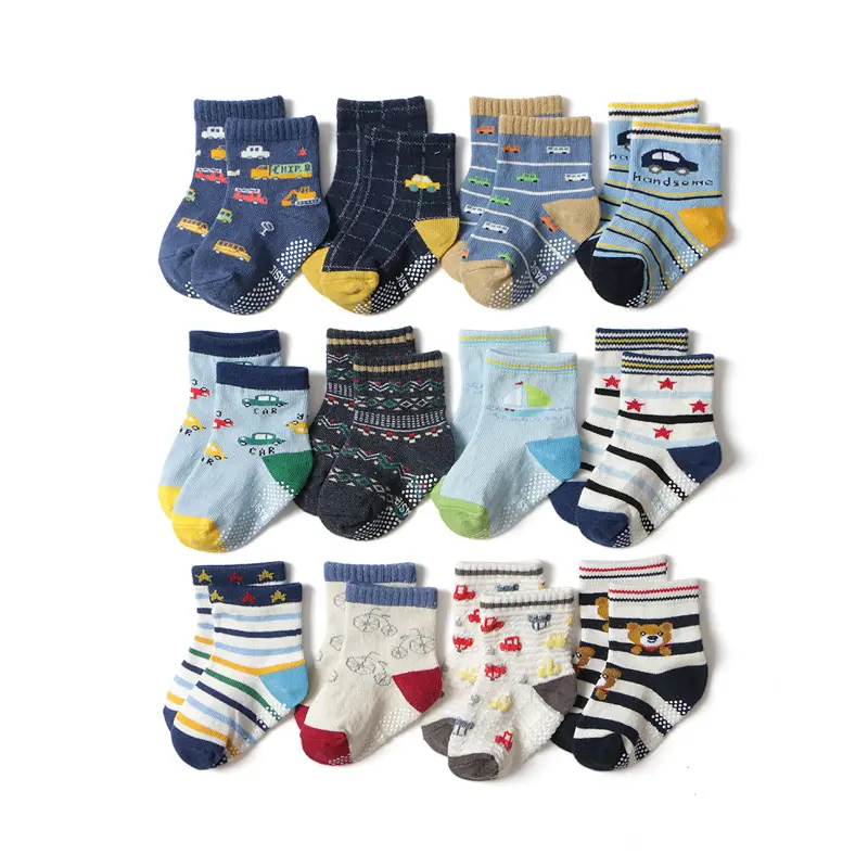 Calcetines de algodón personalizados para bebés, medias antideslizantes a rayas con agarre, con dibujos animados
