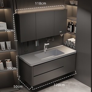 Meuble de salle de bain intelligent moderne gris avec miroir de rangement, meuble suspendu gris pour lavabo, fonction anti-buée et affichage de l'heure - Product Image 2