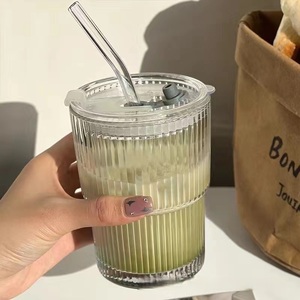 Vaso <span class=keywords><strong>de</strong></span> café <span class=keywords><strong>de</strong></span> doble uso, ecológico, <span class=keywords><strong>de</strong></span> vidrio grueso a rayas, diseño clásico, con tapa y pajita, <span class=keywords><strong>de</strong></span> alta estética - Product Image 4
