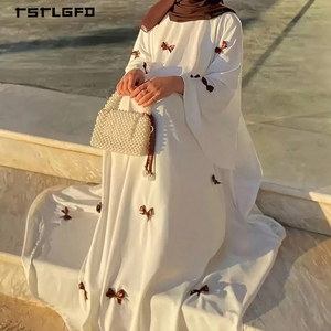 Vestido Maxi de Gasa Blanca Pura para Mujer con Lazo Marrón, Manga Murciélago, Cuello Redondo, Elegante, Casual, para Exteriores, Estilo Musulmán Modesto - Product Image 1