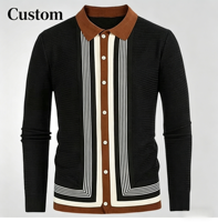 Cardigan en tricot à rayures et blocs de couleur pour homme, col boutonné, manches longues, style décontracté et professionnel, printemps, automne, hiver