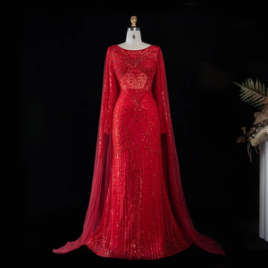 Lsz051 Abito da Sera Formale di Lusso a Sirena con Maniche Lunghe e Mantella, Decorato con Perline, per Gala e Feste in Stile Saudita, Jancember - Product Image 2