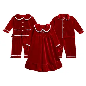 Bestseller Samt Jungen Mädchen Nachtwäsche Weihnachts kleid Winter Button Up Kleidung Match Pjs Kinder Pyjama Sets mit Spitze