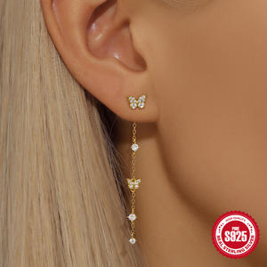 S925 geometrik kelebek çiçek kübik zirkon 925 ayar gümüş uzun püskül küpe ile zincir lüks elmas-encrusted ince - Product Image 3