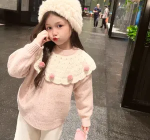 2024 겨울 새로운 스타일 디자인 3-10 세 소녀 달콤한 핑크 따뜻한 긴팔 니트 풀오버 스웨터