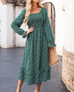 เดรสยาวแขนยาวคอเหลี่ยมลายดอกไม้สีขาว <span class=keywords><strong>แต่ง</strong></span>ระบายชายกระโปรงทรงหลวมสไตล์โบฮีเมียนลำลองสำหรับวันหยุดพักผ่อน <span class=keywords><strong>ขาย</strong></span>ดี - Product Image 4