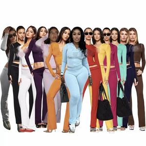 Ensemble 2 pièces décontracté pour <span class=keywords><strong>femme</strong></span> C0067, <span class=keywords><strong>pantalon</strong></span> évasé à manches longues à capuche imprimé par un créateur de vêtements - Product Image 2