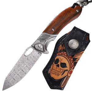 سكين جيب من فولاذ الدمشقي مسحوق سويدي سكين قابل للطي من فولاذ الدمشقي مع علبة من خشب الصندل الأرجواني وجراب من الجلد - Product Image 1