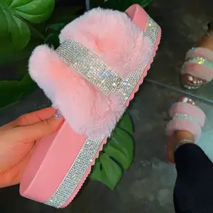 도매 다이아몬드 플랫폼 모피 솜털 샌들 여성 반짝이 슬라이드 blinged 슬리퍼