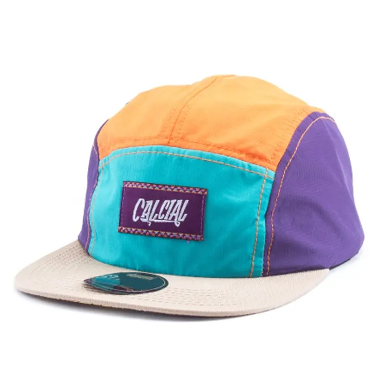 Custom Men Fashion 5 Panel Camp Hat Printed Under Brim Nylon Hip Hop Cap With Woven Label