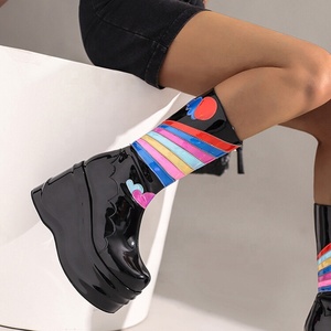 Color Print Fashion Side Zip Short Round Toe Thick Heel Shoes Wedges Women Half Knee High <b>Boots</b> Black Size 44 - Product Image 4