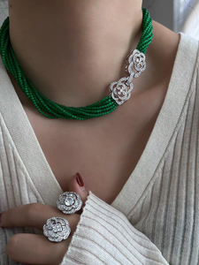 خمر كبار متعدد الطبقات مكدسة الأخضر مطرز بالخرز عين القط حجر سوار أقراط قلادة مجموعة مجوهرات مصنع بالجملة - Product Image 6