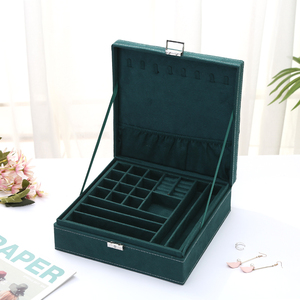 Retro Fashion Green Flannel Square Double Layers Earrings Ring Necklace Jewelry Storage Box