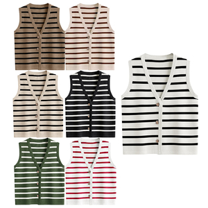 <span class=keywords><strong>Gilet</strong></span> court rayé à col en V pour <span class=keywords><strong>femme</strong></span> – Tendance estivale sans manches avec boutons – Débardeur polyvalent et décontracté - Product Image 6