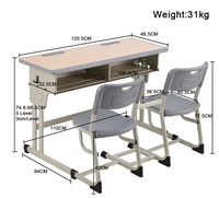 Ensemble de bureau et chaise scolaire double réglable, table d'étude 2 places avec plateau en bois et rangement, mobilier de classe moderne