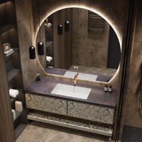 Luxe italien moderne, plan de travail en pierre intégré avec évier en céramique, miroir LED intelligent/armoire miroir