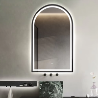 Miroir de salle de bain LED à arche anti-buée avec cadre en aluminium noir, éclairage avant et arrière, à intensité réglable