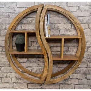 Solid Mango Wood Round <b>Wall</b> Hanging Shelf Naturak Finish 2 Part <b>Wall</b> Mounted Shelving <b>Unit</b> Made in India - Product Image 4