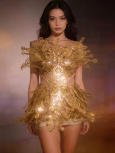 Ensemble de <span class=keywords><strong>tenue</strong></span> de scène de luxe doré métallisé pour salle de bal, avec broderie structurée 3D, vente en gros d'usine, pour chanteurs et danseurs - Product Image 1