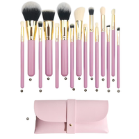 Set kuas rias 15 buah kuas kosmetik Premium kuas perona pipi Foundation Concealer Eyeshadow alis Highlight kuas rias wajah merah muda