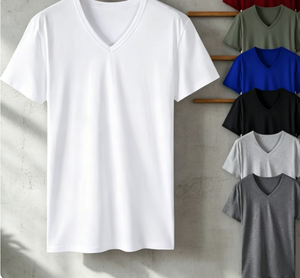 เสื้อยืดคอกวีผ้าฝ้ายเนื้อแน่นสำหรับผู้ชาย แห้งเร็ว แขนสั้น สไตล์ลำลอง ทรงหลวม ดีไซน์เรียบง่าย - Product Image 3