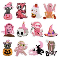 En gros, Patch d'Halloween rose, Badge brodé fantaisie fantôme et crâne, Applique thermocollante personnalisée chat sorcière, pour chapeau de fête, veste en jean, DIY