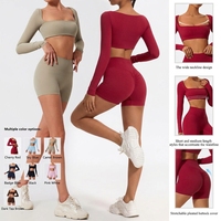 Ensemble de yoga 2 pièces pour femme grande taille, léger, imperméable, avec haut court à manches longues et short cycliste froncé taille haute, tenue de sport
