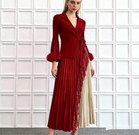 Robe élégante pour femme avec dentelle, patchwork, col en V, volants, manches cloche, plissée, pour soirée, fête, vacances, usage quotidien
