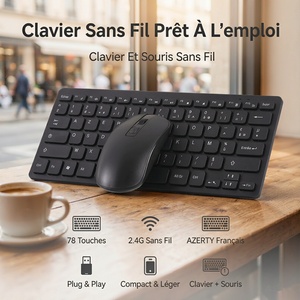 Clavier sans fil 2,4 GHz, clavier sans fil français, combo clavier-souris, 78 touches, disposition AZERTY française native, ensemble souris pour PC de bureau - Product Image 1