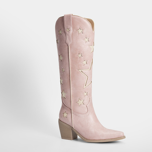 WETKISS <span class=keywords><strong>Botas</strong></span> Vaqueras de Verano para <span class=keywords><strong>Mujer</strong></span>, Color Rosa, con Punta en Pico, Diseño de Estrellas, Tacón Medio Grueso, <span class=keywords><strong>Botas</strong></span> Largas de Vaquera - Product Image 1