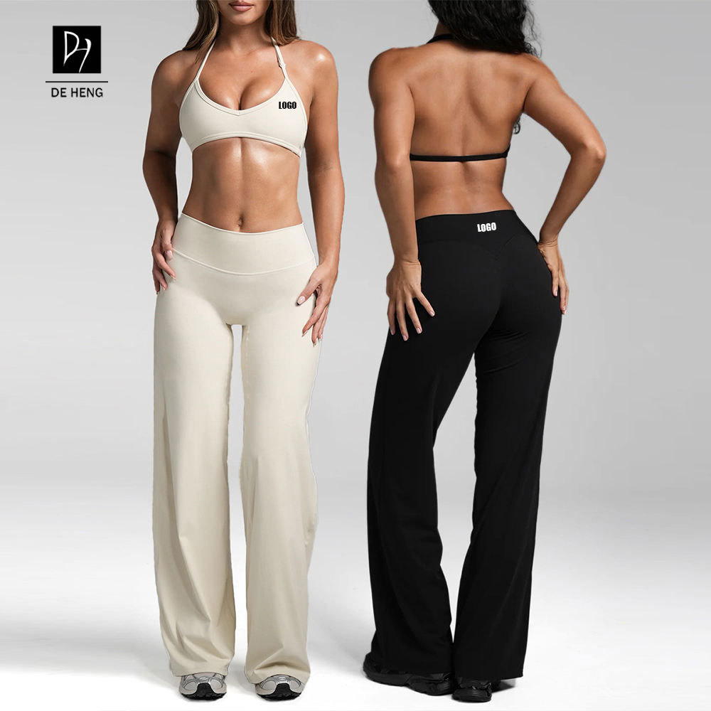 Custom New Quick Dry Adjustable Halter Crop Top Sports Straight Loose Wide Leg Pants Lightweight Yoga Wear Workout Set