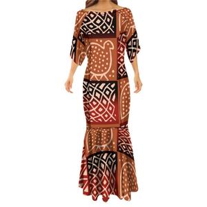 High Quality <strong>Custom</strong> Milk Silk Tapa Printed Off the Shoulder Fishtail Mermaid <strong>Dresses</strong> Papua New Guinea Plus Size Women Clothing - Product Image 3