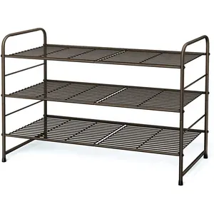 Modern Minimalist Industrial 3-Tier Black Rectangular Adjustable Metal Shoe Storage Rack for Entryway