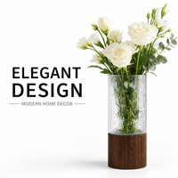 Vase cylindrique en verre borosilicate avec base en bois, vase à fleurs moderne pour la décoration de la maison, centre de table de mariage, logo personnalisé OEM