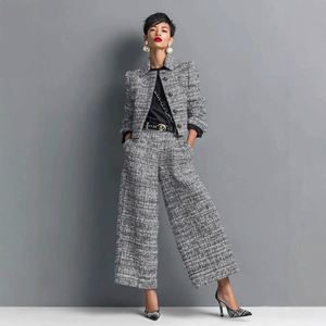 Ensemble tailleur élégant 2 pièces imprimé pour femme : veste à col montant et pantalon droit large en Spandex/Polyester, anti-boulochage et respirant - Product Image 4