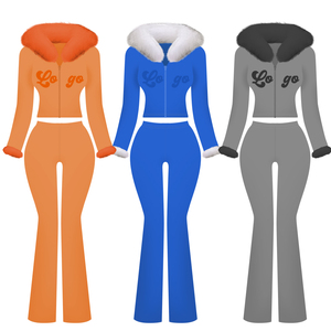 Ensemble de survêtement deux pièces personnalisé pour femme, col en fourrure, style Y2K, strass, pour grandes tailles, vêtements de détente - Product Image 1