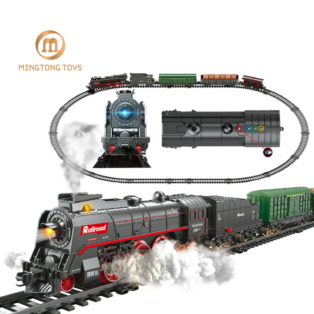 Wholesale Classic Retro Electric Battery Operated Musical Light Rail Car Track Railway Toy Train With Smoke