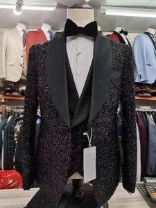 Dernier design personnalisé classique brillant Golde avec costumes de mariage noirs pour hommes Costume Slim Fit Groom Meilleur Tuxedos de fête Blazer 3 pièces - Product Image 3