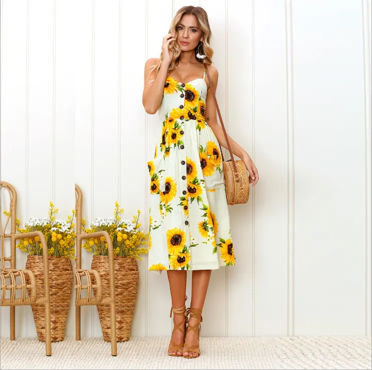 Summer Dresses Womens Sexy Floral Strapless Halter Button Yellow Sunflower Dress 2020 Plus Size Vintage Sundress Vestido XXXL