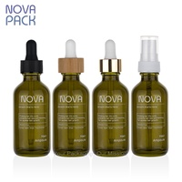 Bouteilles compte-gouttes rondes en verre vert olive de 1 oz, 2 oz, 4 oz pour huiles essentielles, sérums et huiles capillaires avec bouchon noir côtelé