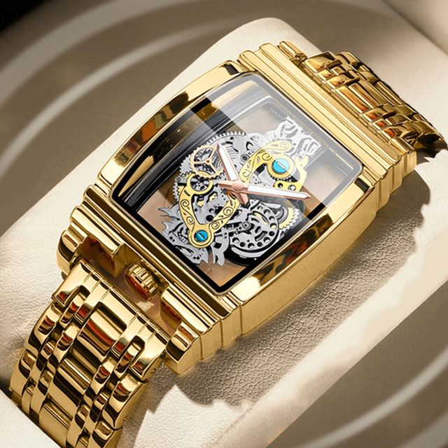 Brand Square Luxury Men Gold Tourbillon Skeleton Analog Quartz Wrist Watches for Men Wholesale