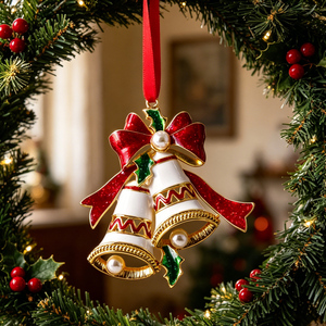 Ornement de Noël à double cloche, cloches en métal émaillé plaqué or, pendentif pour arbre de Noël, décoration suspendue avec ruban rouge - Product Image 2