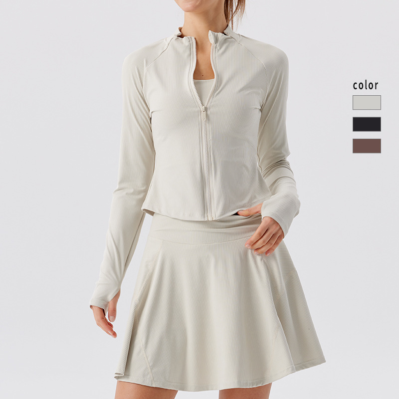 Breathable-style Striped Stand-up Collar Breathable Spandex/Polyester Outdoor Long-sleeve Yoga Top Slim-fit Sports Jacket for Running