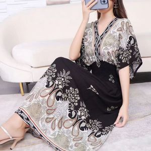 Women Summer New Vintage Floral Print <strong>Dresses</strong> V-neck <strong>Elastic</strong> Waist Short Sleeve Vacation Style Fashion Long <strong>Dress</strong> - Product Image 2