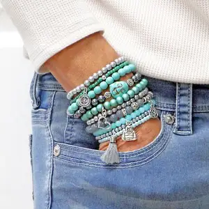 Kus Boho Vintage Turquoise Blue Kralen Olifant Uil Vogel Hart Cross Hoge Hakken Schoenen Dangle Charm Stretch Kralen Armband sets